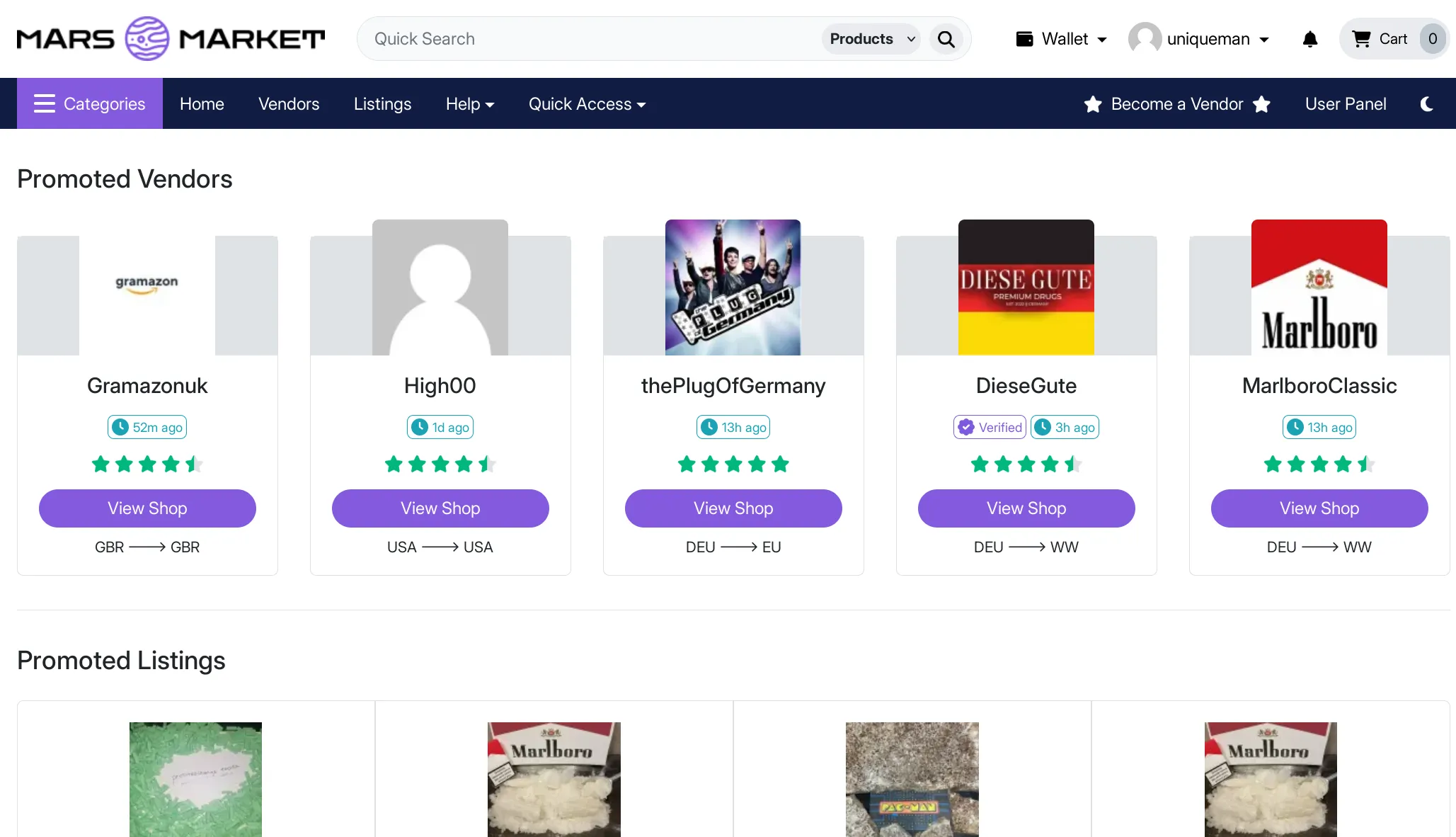 MarsMarket product catalog interface showing clean listings and search